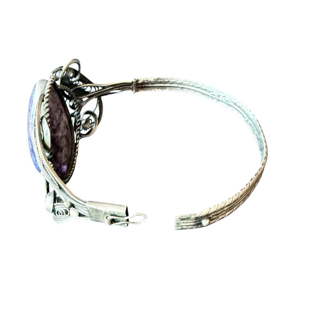 Vintage Filigree & Scrollwork Hinged Bracelet w/ Lg Russian Chariote Cabachon - Picture 3 of 6